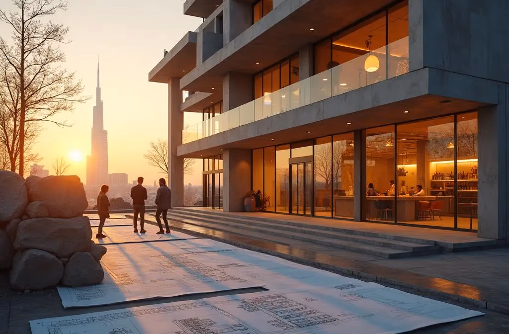 Modern commercial building at golden hour with architectural blueprints